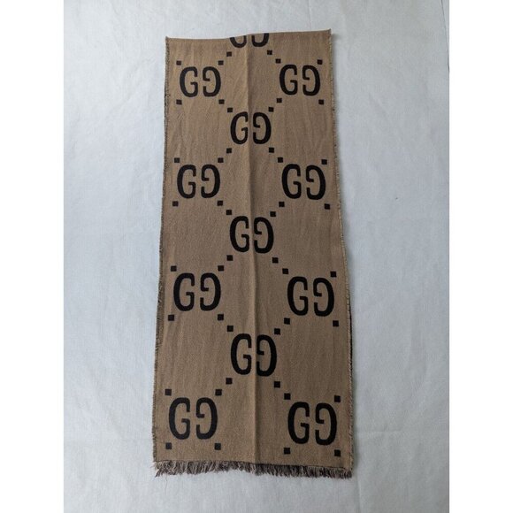 Gucci Jacquard GG Monogram Pattern Wool Silk Scarf Brown/Beige Made in Italy. - Picture 3 of 6